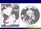 Niederschlagsschiffsspuren der Schiffe „Polarstern" in Farbe und der „Akademik Ioffe" in schwarz für jeweils drei Jahre Daten